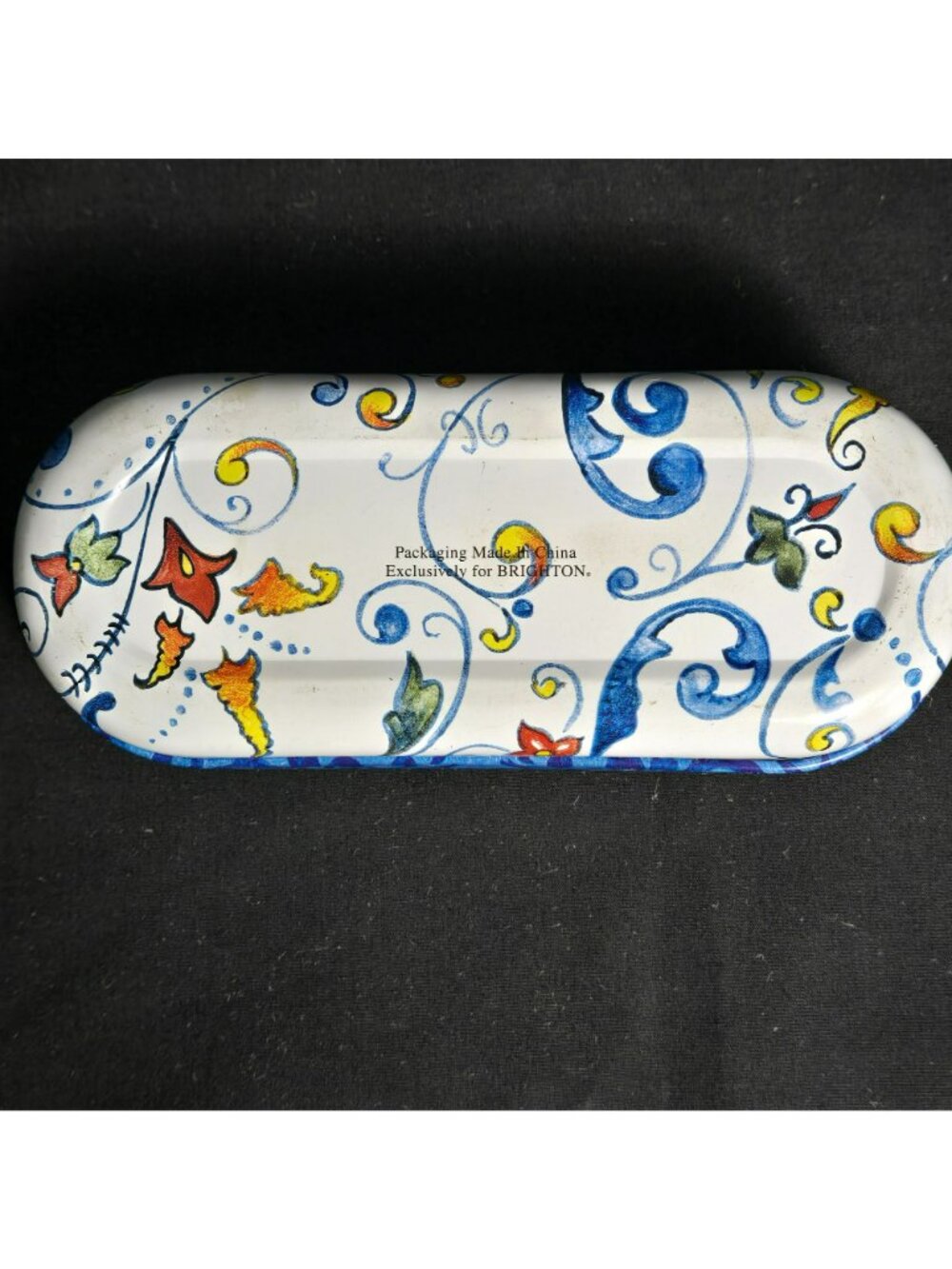 Brighton Sunglass Case Eyeglass Hinged Tin Box Scroll Floral Blue White 6" - Picture 3 of 10